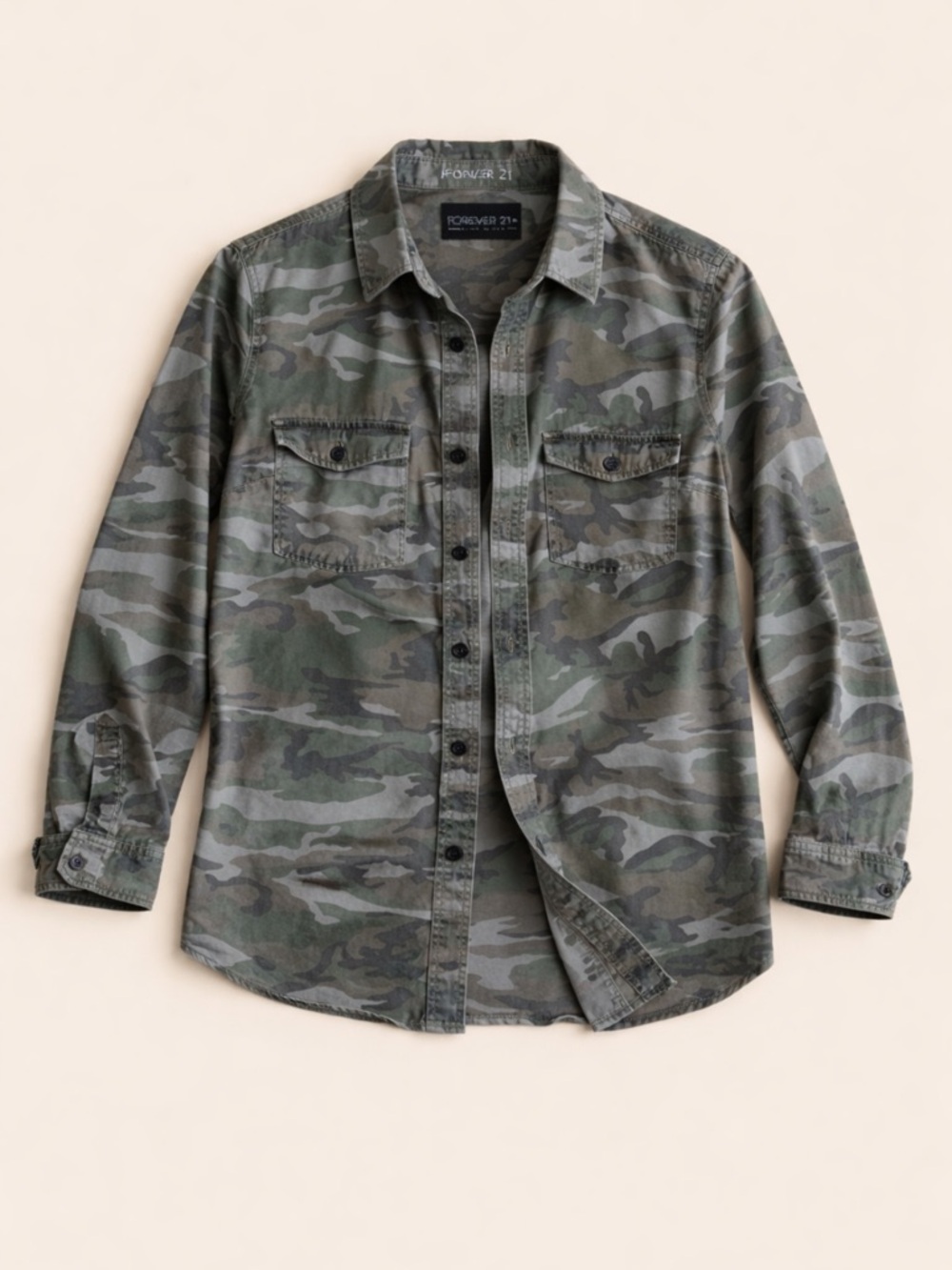 Y2K Forever 21 Camo Button Up Shirt 2X Utility Military Grunge Streetwear Top